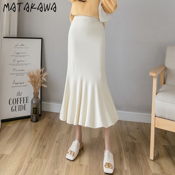 

matakawa ruffled trumpet / mermaid skirt korean slim high waist bodycon knitted skirt autumn and winter skirts for women 210513, Black