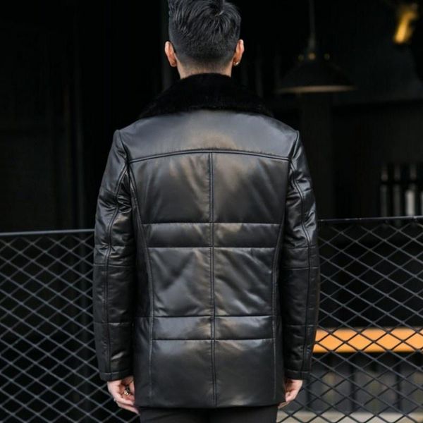 

men's leather & faux mens winter real collar down jacket business work warm sheepskin genuine coats plus size 5xl overcoat, Black