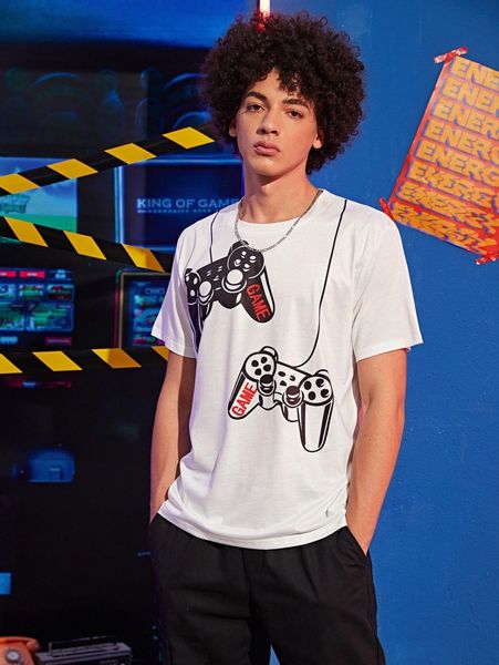 

men game console & letter graphic tee u1i5#, White;black