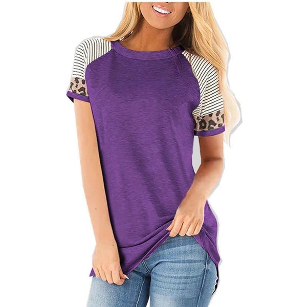 

spring / summer 2021 round neck leopard stitching short sleeve stripe contrast t-shirt all neon store clothes women's, White