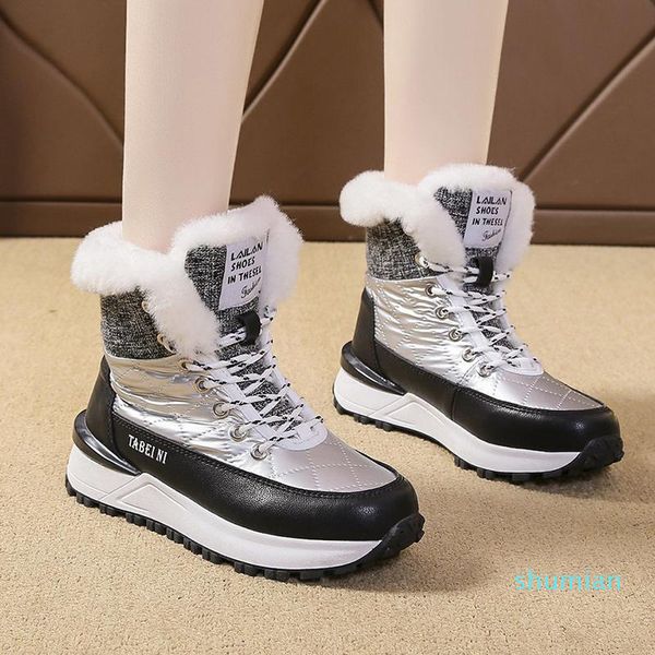 

boots thicken plush warm woman snow women waterproof pu leather platform winter shoes non slip patchwork booties female, Black