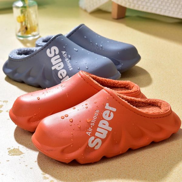 

style eva waterproof cotton slippers men winter home women cartoon with fur keep warm soft shoes, Black