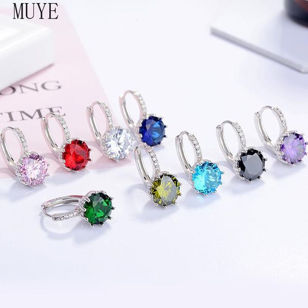 

hoop & huggie muye real 925 sterling silver round zircon crystal earrings ear buckle for women's ol fashion jewelry party gift, Golden;silver