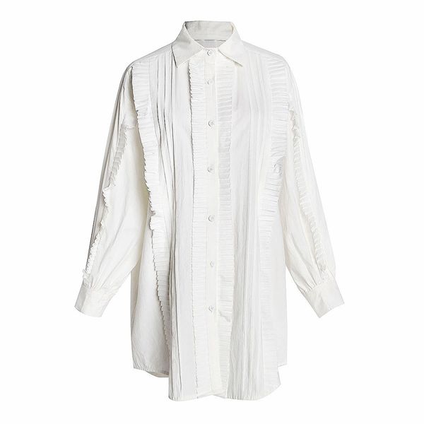 

spring arrival korean style pleated ruffles blouse white women shirts chic blusas largas applique blouses 210527