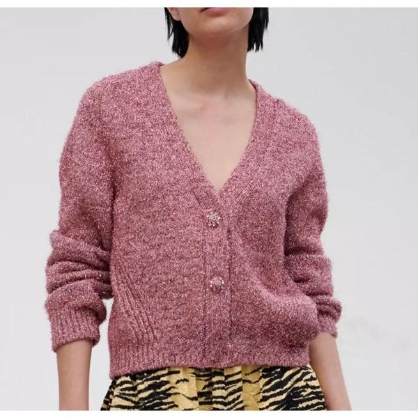 

women's knits & tees 2021 autumn female knitted cardigans shiny v-neck rhinestone buttons long sleeve simple sweaters, White