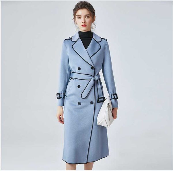 

women's trench coats women water ripple double-sided cashmere coat 2021 autumn and winter woolen jacket lady wool outwears mid-length o, Tan;black
