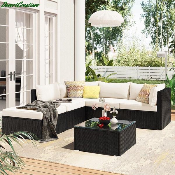

6-piece patio furniture set corner sofa with removable cushions, pe rattan wicker, outdoor garden sectional chair camp