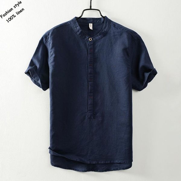 

good quality 2021 summer chinese style mens short sleeve shirts 100% linen casual solid color fashion clothing men's, White;black