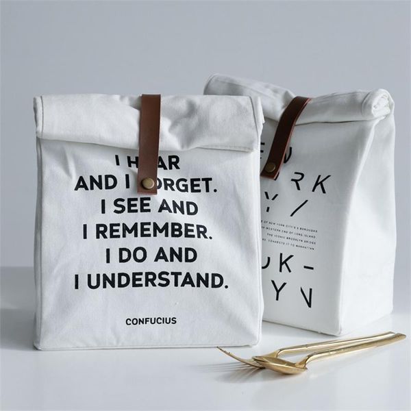 

storage bags nordic ins simple letter type lunch box insulation bag small fresh leather buckle canvas picnic