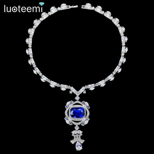 

pendant necklaces luoteemi ocean heart dark blue jewelry necklace cubic zirconia bridal wedding luxury big statement gift, Silver
