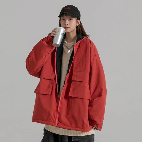 

women's jackets quilted jacket, high neck cotton padded large pocket, college style, both sides, solid color, winter, Black;brown