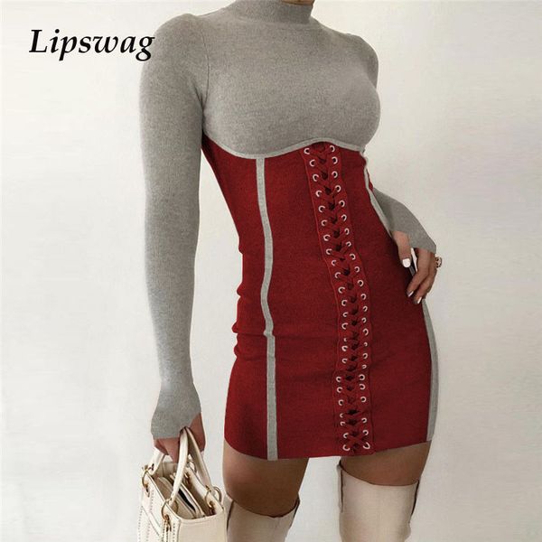 

2021 fashion cross bandage slim bodycon dress spring autumn long sleeve patchwork mini dress women stand collar party dresshigh quality, Black;gray