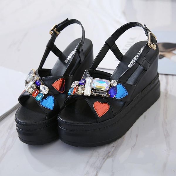 

sandals ladies summer european and american exquisite crystal waterproof fish mouth shoes elegant wedge high heels., Black