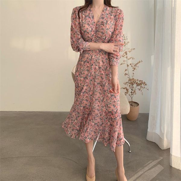 

casual dresses hzirip summer for women 2021 floral chiffon full-sleeved v-neck vintage retro gentle thin female office lady, Black;gray