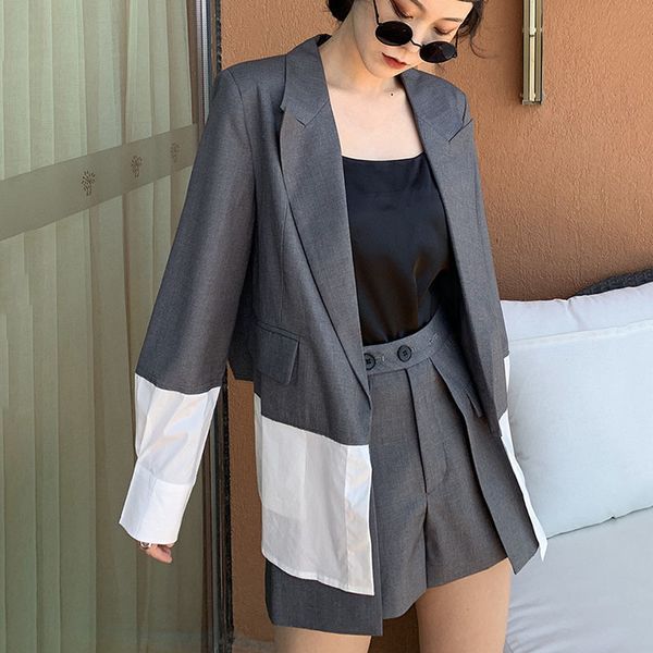

[deat] two-piece shorts suit new notched long sleeve black loose women patchwork split fashion set summer 7d0012 210428, White
