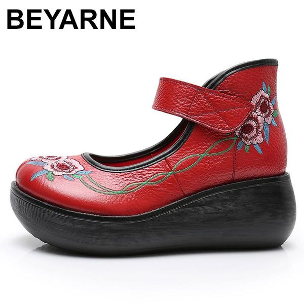 

retro genuine leather shoes for women xifairy g national style embroidery thick wedge dress, Black