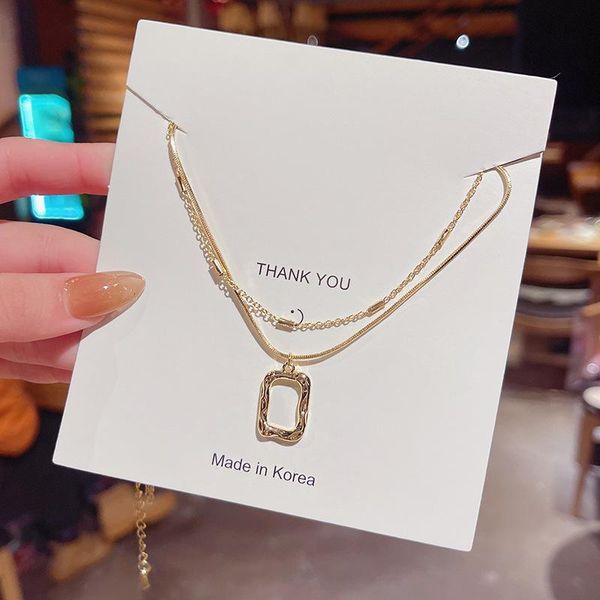 

chains gold copper double layer necklace women square shiny long pendant necklaces gift for girl fine accessories chain jewelry choker, Silver
