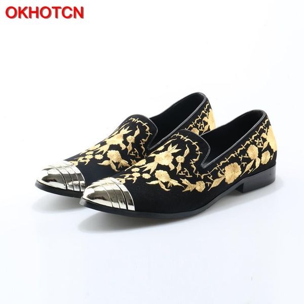 

dress shoes okcn fashion man slip on lazy loafers gold floral designer smoking slippers metal pointed toe casual flats tide, Black