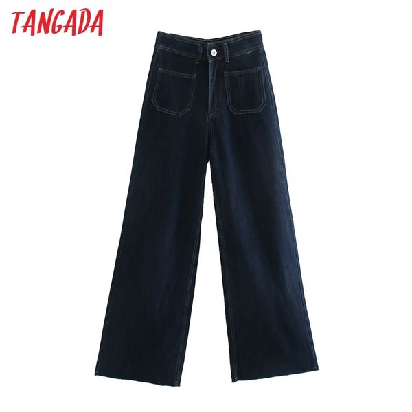

fashion women dark blue long jeans trousers high waist pockets buttons female pants 4m66 210416
