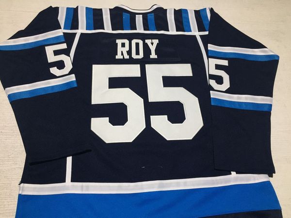 Maßgeschneiderte CCM #55 Nicolas Roy Chicoutimi Sangueneens Hockey-Trikots mit C-Patch Vintage Pro Stock Navy Jersey Ed S-6XL