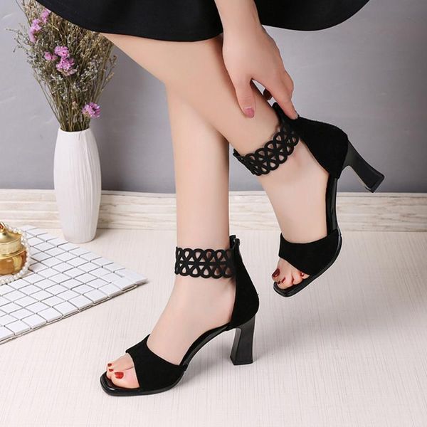 

shoes woman sandals fashion casual rome open toe high heel square heels ankle sandale femme plateforme#n3, Black