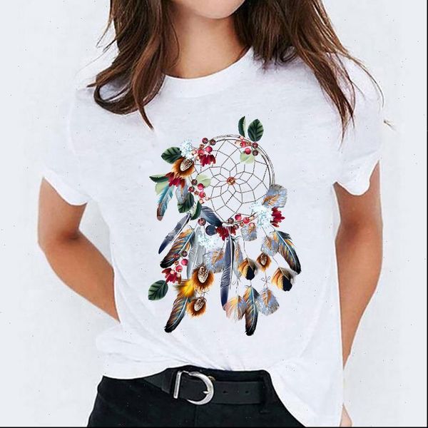 

90s kawaii feather floral womens t shirts fashion print graphic tee, White