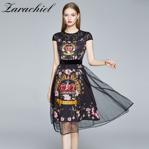 

dresses fashion designer luxury crown fower print patchwork mesh women runway lace trims slim high waist party pleated es, Black;gray