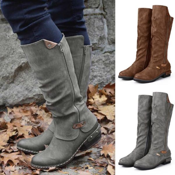 

boots women winter pu leather knee high snow heels side zipper female shoes middle tube large size drop k7et, Black
