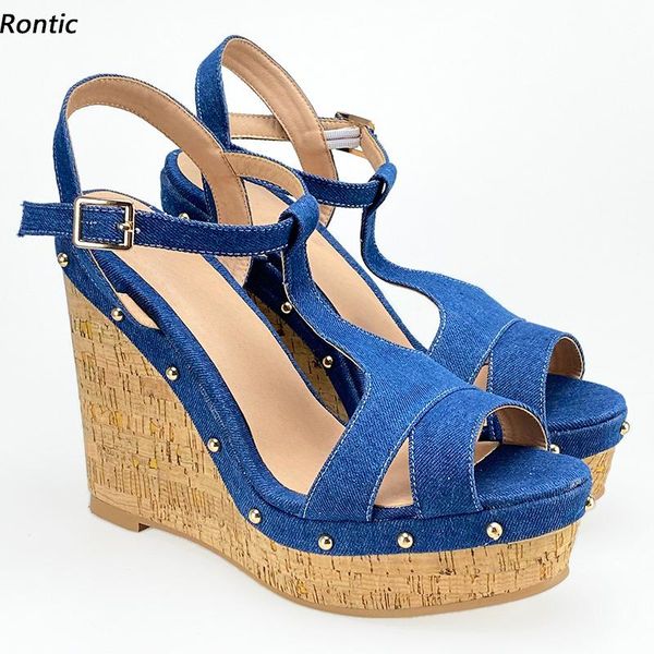 

dress shoes rontic handmade women t-strap sandals denim studs wedges heels open toe dark blue casual us size 5-20, Black
