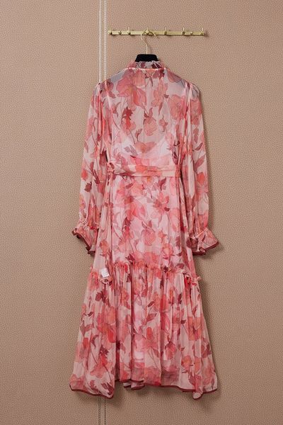 

new french stand collar pink print dress in early autumn, White;black