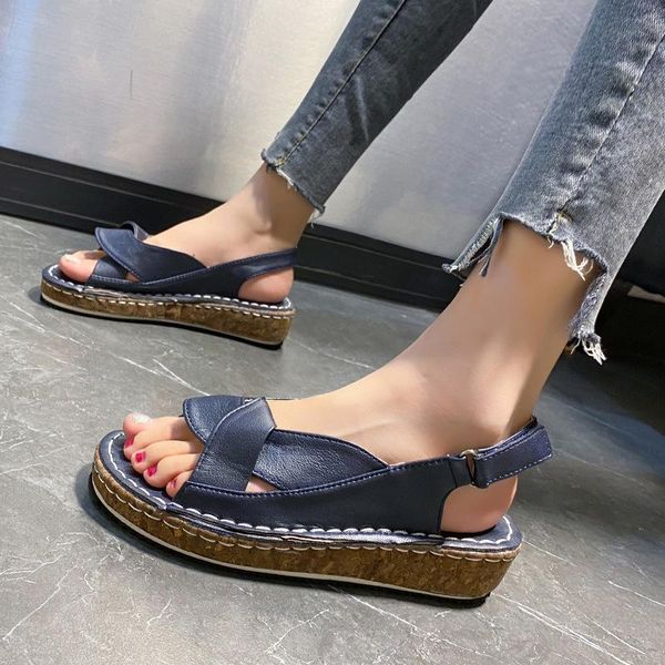 

sandals thick sole open toe women slippers platform shoes 2021 summer pu leather flat heel back strap outside women's, Black