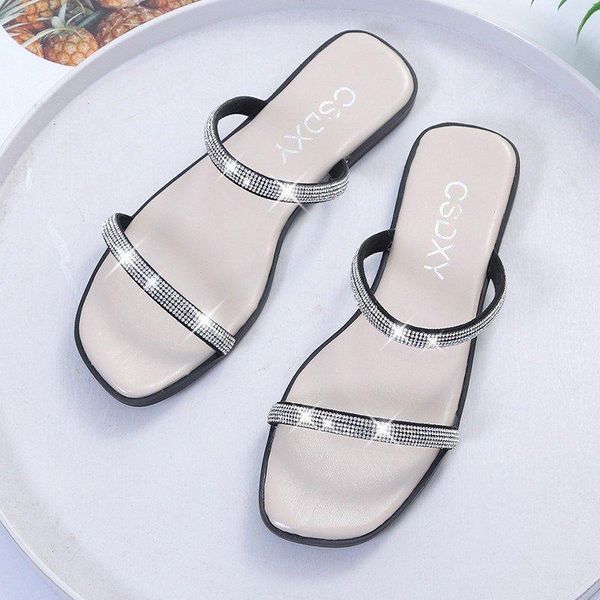 

slippers rhinestone bright diamond crystal hollow flat slide ladies open toe comfort slip on outdoor beach sandals, Black