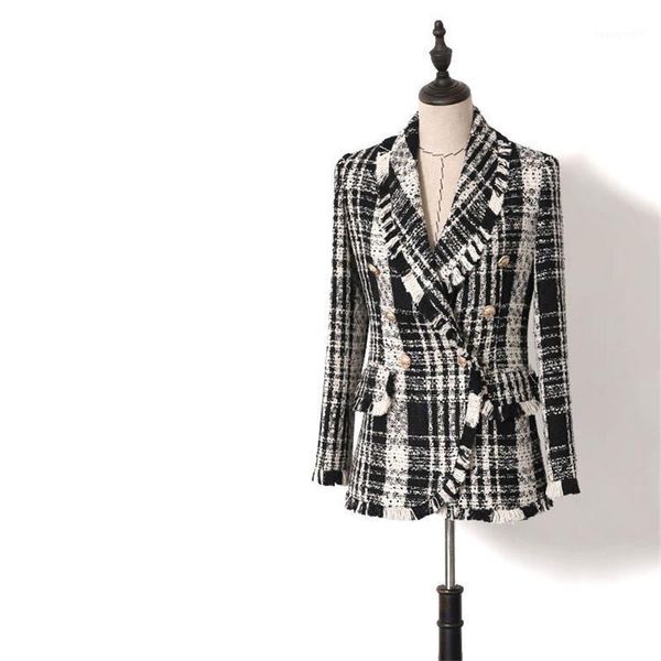 

handmade luxury blazer suits for women fashion weaving tweed double breasted notched collar black white plaid tassel blazers women's &, White;black