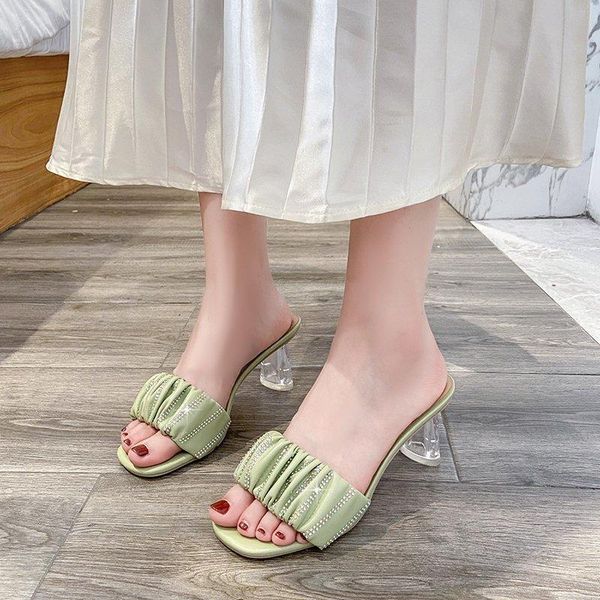 

transparent heel slippers women crystal clear summer outdoor elegant open toe high slides zapatos mujer, Black