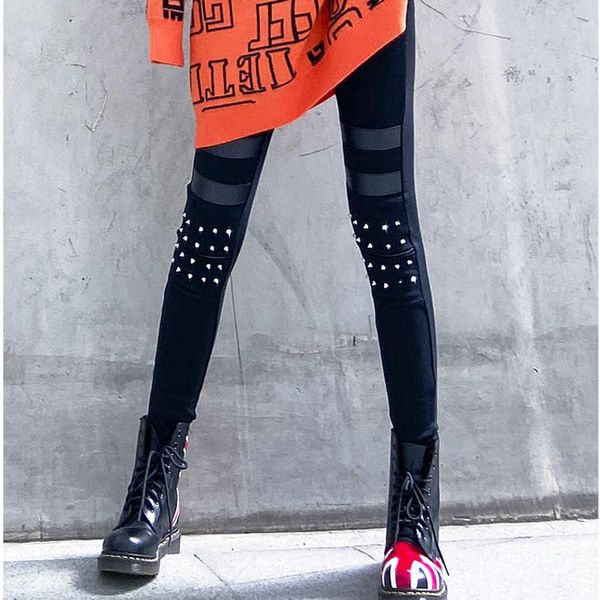 

women's pants & capris xuxi large size casual 2021 spring and autumn winter knee nail leggings wear slim high waist fz1664, Black;white