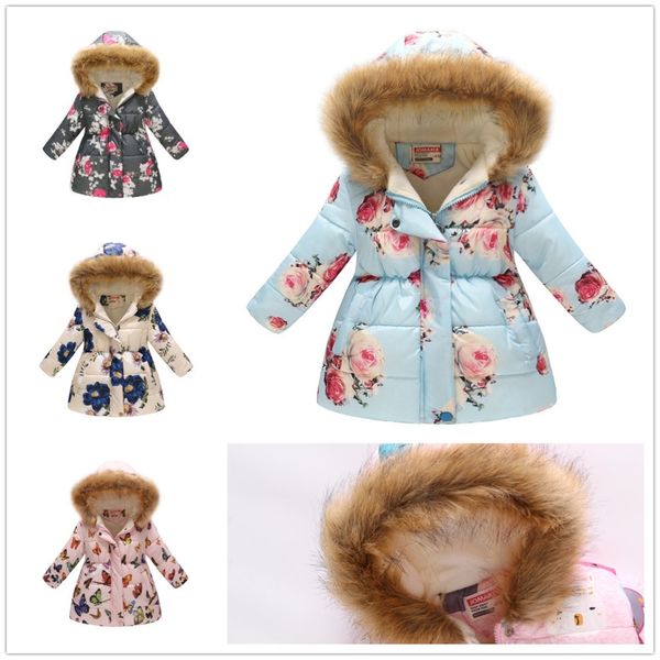 Роза зимние девочки пальто руна детская одежда девочка вниз куртка с капюшоном длинные наряды цветок детская ветровка пальто 4-11Y 210413