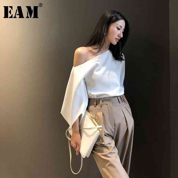 

[eam] women white elegant blouse new skew collar three-quarter sleeve loose fit shirt fashion tide spring summer 1w426 210409