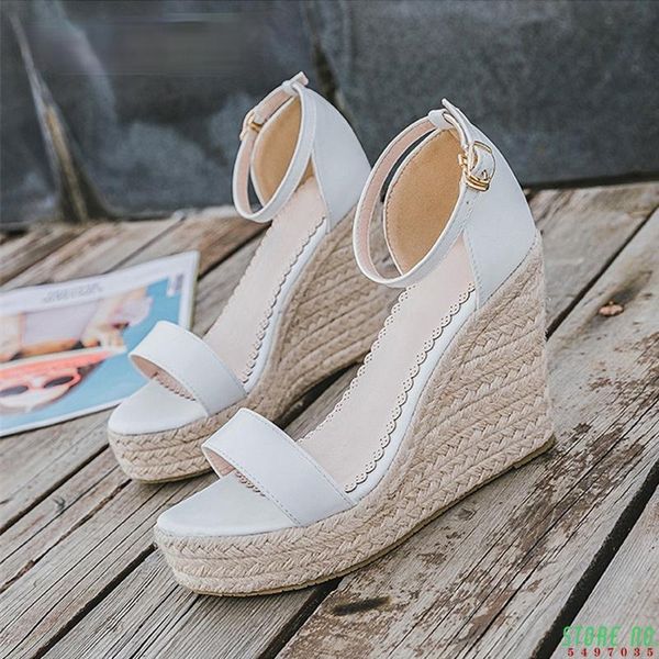 

women gladiator wedges high heel sandals shoes woman rome buckle strap espadrilles pumps straw rope platforms, Black
