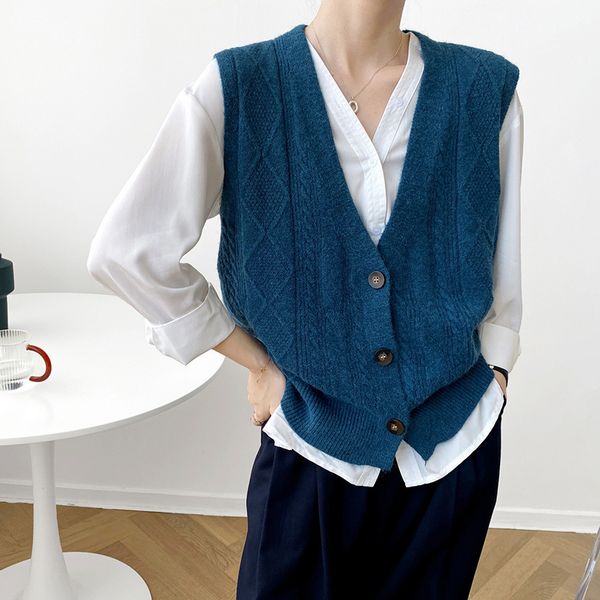 

autumn fashion knitted sweater vest women v neck single breasted solid color sleeveless waistcoat cardigan female 210520, White