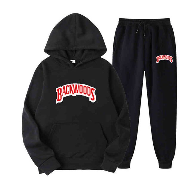 

backwoods printed men's plush thickened sportswear hoodie set, Black