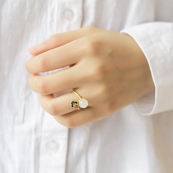 

cluster rings 925 sterling silver original design ancient fa-gilt ring natural hetian jade enamelled chinese-style open web celebrity, Golden;silver
