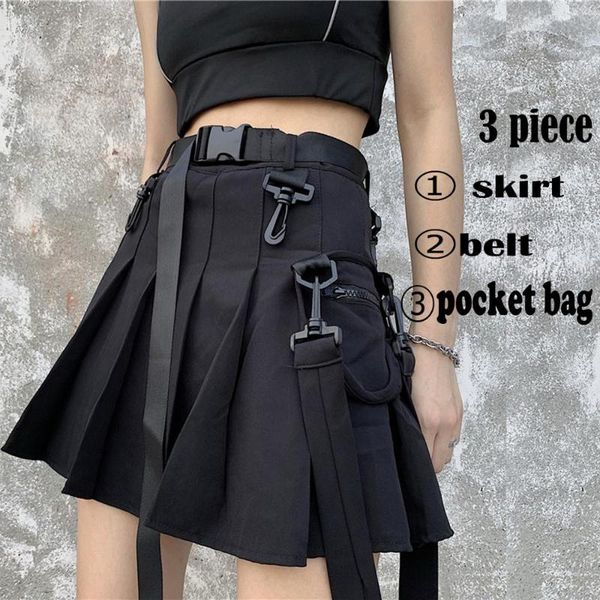 

skirts elegant high waist belt zipper ribbon pocket pleated mini skirt harajuku streetwear korean women gothic hip hop cargo punk sexy, Black