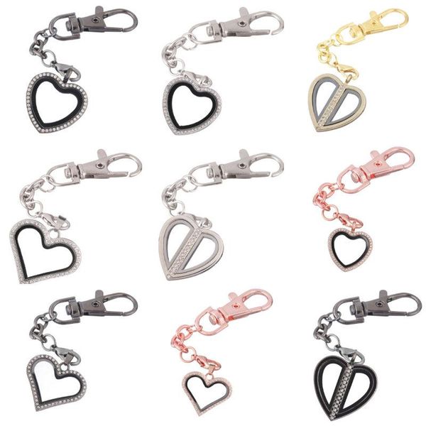 

keychains 5pcs/lot rhinestones heart glaass aroma glass pendant chain keychain finding essential oil pefume women bag jewelry wholesale, Silver
