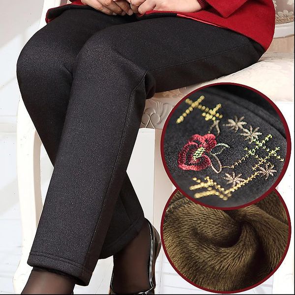 

elderly women capris winter warm velvet elastic waist casual straight pants female trousers plus size loose grandma thicked pant w1745, Black;white
