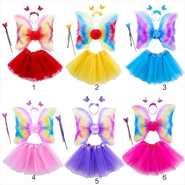 

4pcs girls fairy costume set womens skirts rainbow butterfly wings three layers tulle tutu skirt wand headband princess halloween party, Blue