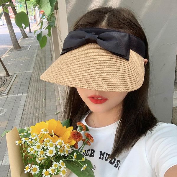 

wide brim hats summer straw weaving women's sun bow visor wide-brimmed empty roof hat beach peaked cap uv protection female, Blue;gray
