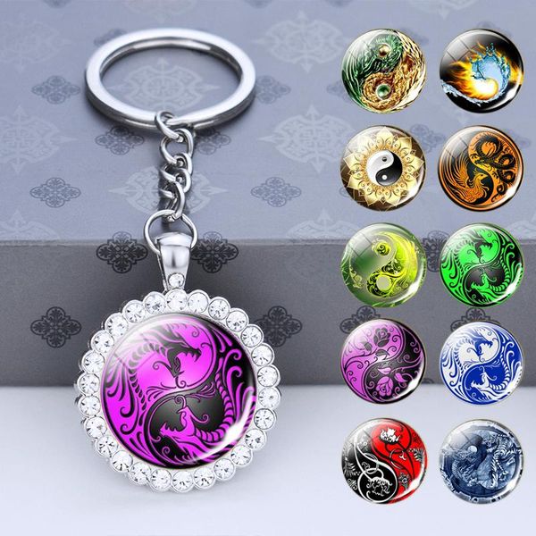 

keychains ying yang keychain glass cabochon pendant silver color flowers keyring men women amulet jewelry accessories