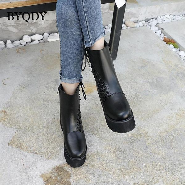 

boots byqdy autumn winter biker combat women platform chunky block high heel punk shoes buckle military mid-calf 39, Black