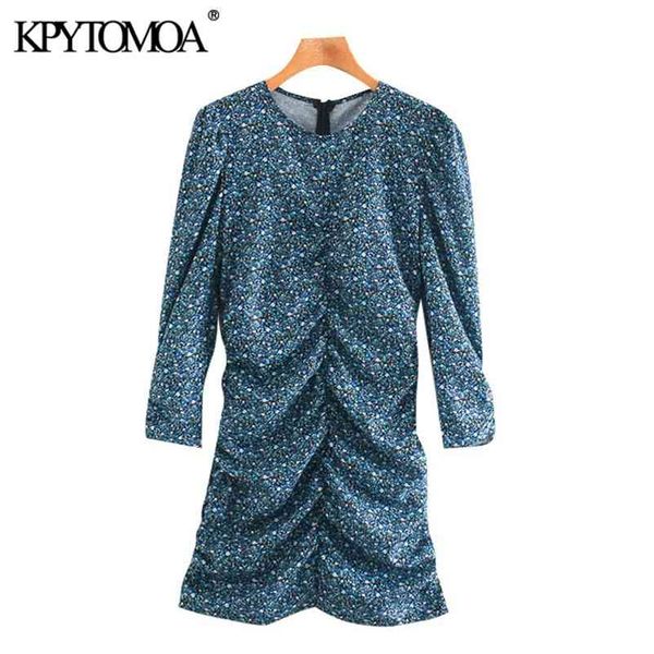 

women chic fashion floral print pleated mini dress vintage three quarter sleeve back zipper female dresses mujer 210421, Black;gray