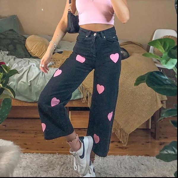 

nclagen heart print autumn women jean high waist loose casual denim trousers vintage streetwear pants pocket capris, Blue